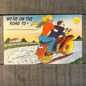 Vintage Comic Linen Postcard with Motorcycle Scene